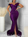 Sexy Purple Satin Off Shoulder V-Neck Sleeveless Side Slit Mermaid Long Prom Dresses,SFPD0458