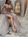 V-neck Appliques Beaded Long Side Slit Tulle Prom Dresses, PD0835