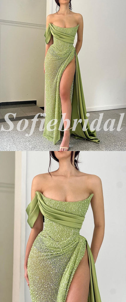 Sexy Special fabric Sleeveless Side Slit Mermaid Long Prom Dresses, PD0860