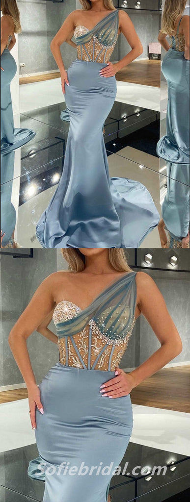Sexy Satin One Shoulder Sleeveless Mermaid Long Prom Dresses,SFPD0319
