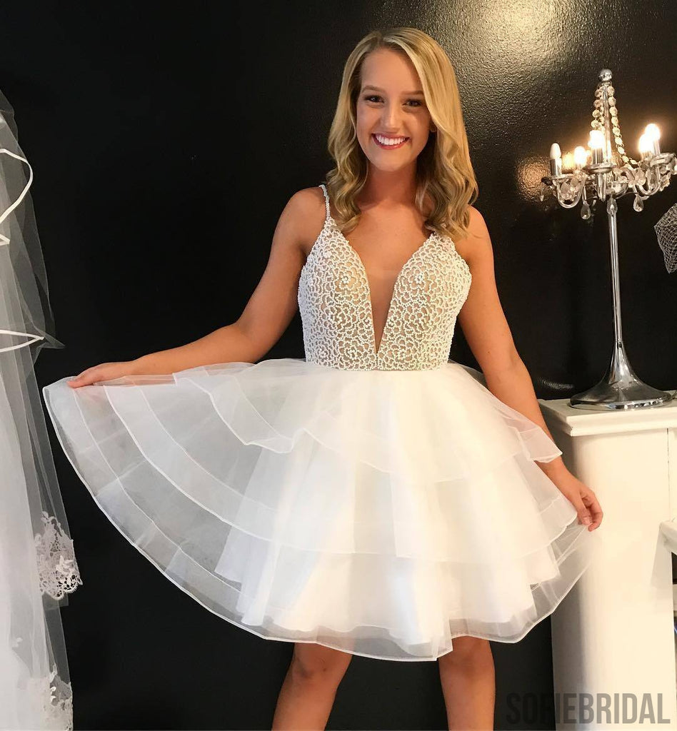 Ivory Sexy V Neck Beaded Cute Homecoming Dresses 2018, CM457