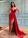 Sexy Red Sequin Satin One Shoulder V-Neck Sleeveless Side Slit Mermaid Long Prom Dresses/Evening Dresses,SFPD0365