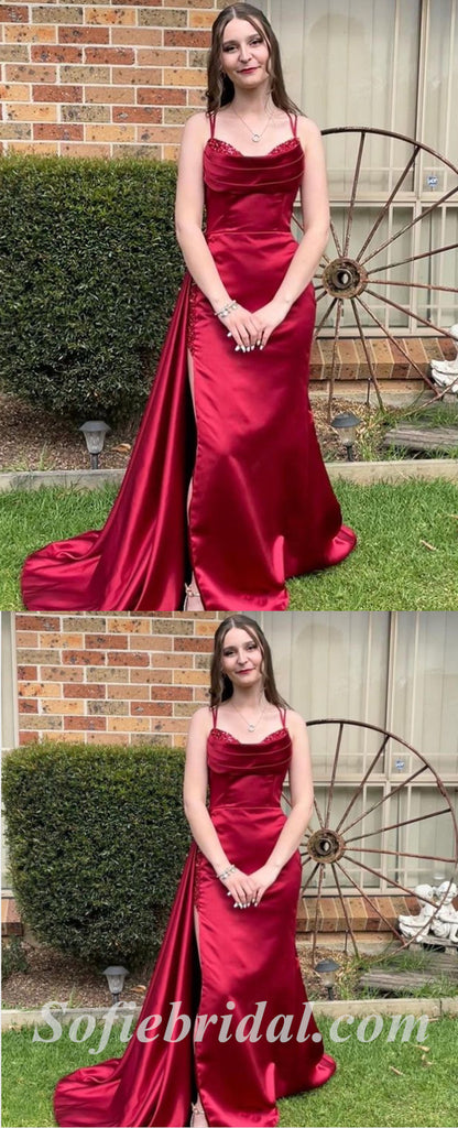 Sexy Burgandy Satin Spaghetti Straps Sleeveless Side Slit Mermaid Long Prom Dresses,SFPD0528