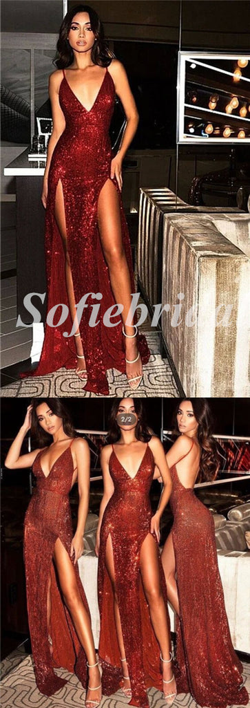 Sexy Sequin Spaghetti Straps V-Neck Sleeveless Backless Mermaid Long Prom Dresses With Split,SFPD0673