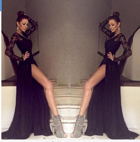 Sexy V-Back Long Sleeve See Through Black Lace Tulle Side Slit Prom Dresses, PD0570