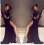 Sexy V-Back Long Sleeve See Through Black Lace Tulle Side Slit Prom Dresses, PD0570