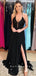 A-Line Halter Sleeveless Black Split Side Long Prom Dresses With Lace,SFPD0026