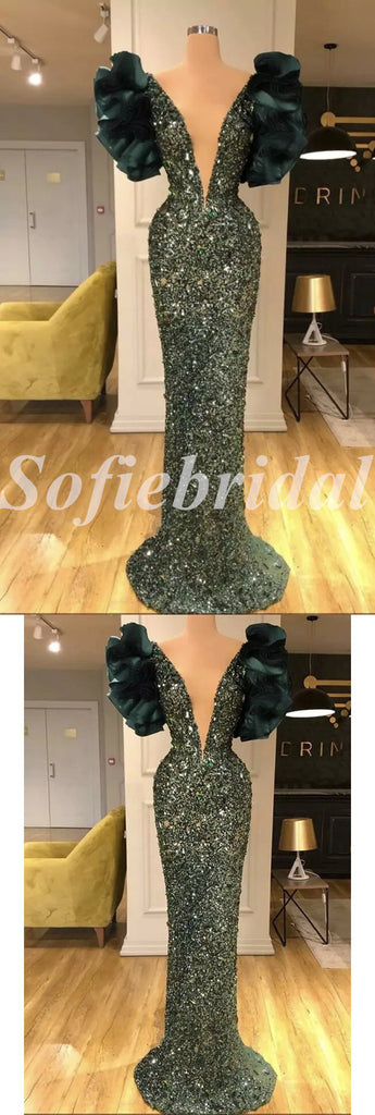 Sexy Shiny Sequin Short Sleeve Deep V-Neck Mermaid Long prom Dresses,SFPD0716