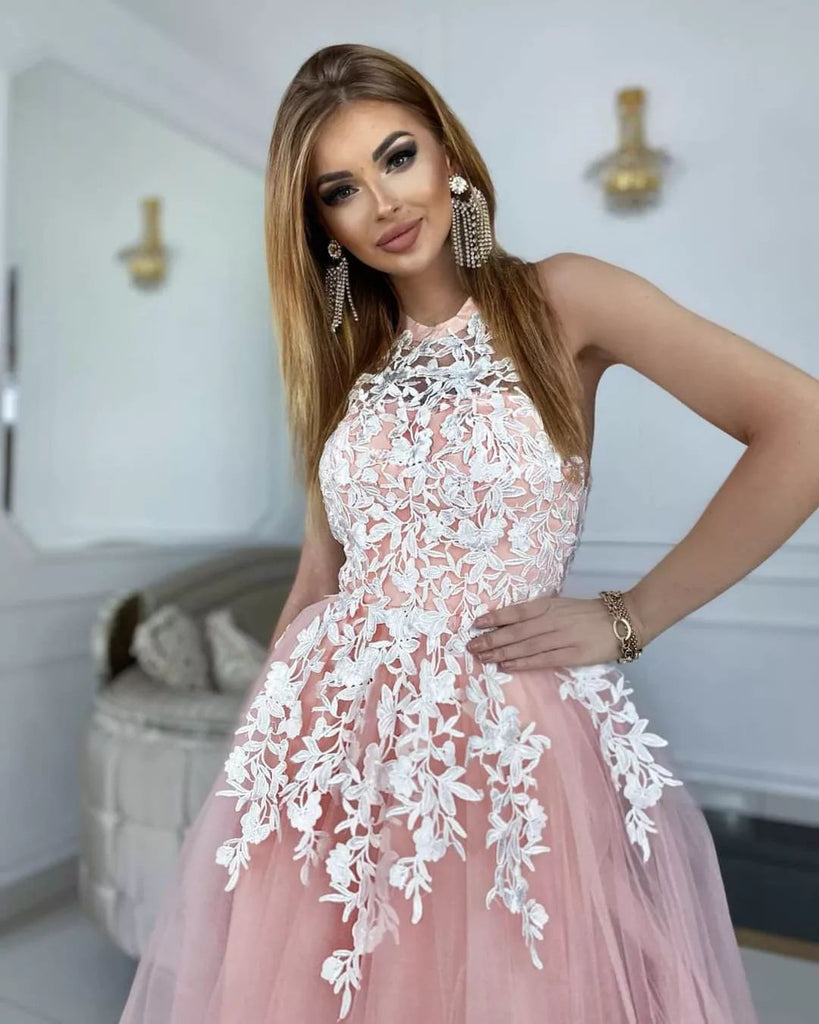 Lovely Halter A-line Lace Tulle Simple Prom Dresses,SFPD0177