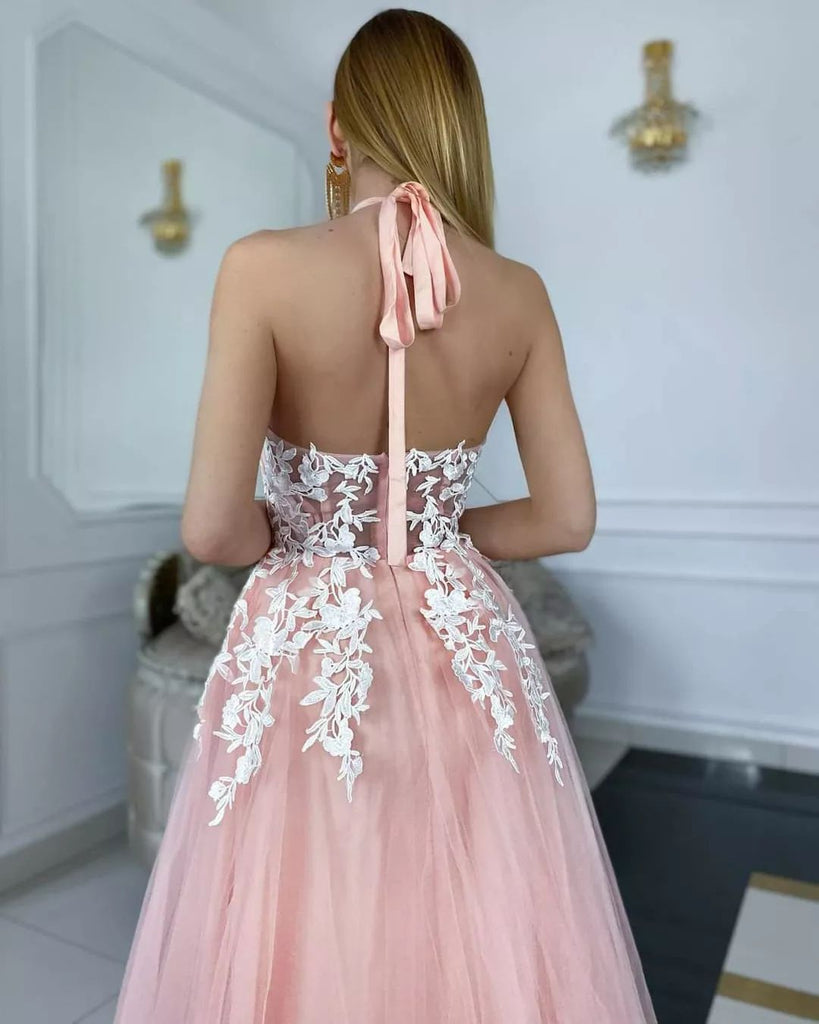 Lovely Halter A-line Lace Tulle Simple Prom Dresses,SFPD0177