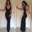 Sexy V-neck Spaghetti Black Jersey Long Mermaid Simple Long Prom Dresses, PD0572