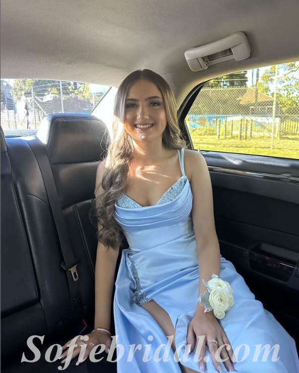 Sexy Blue Satin Spaghetti Straps Sleeveless Side Slit Mermaid Long Prom Dresses,SFPD0527