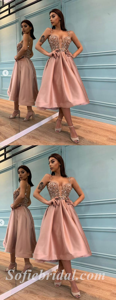 Sexy Sequin Top Satin Bottom Spaghetti Straps V-Neck Sleeveless A-Line Prom Dresses/Homecoming Dresses,SFPD0366
