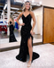 Sexy Charming Black Sequin Spaghetti Straps V-Neck Sleeveless Side Slit Mermaid Long Prom Dresses With Feather,SFPD0534