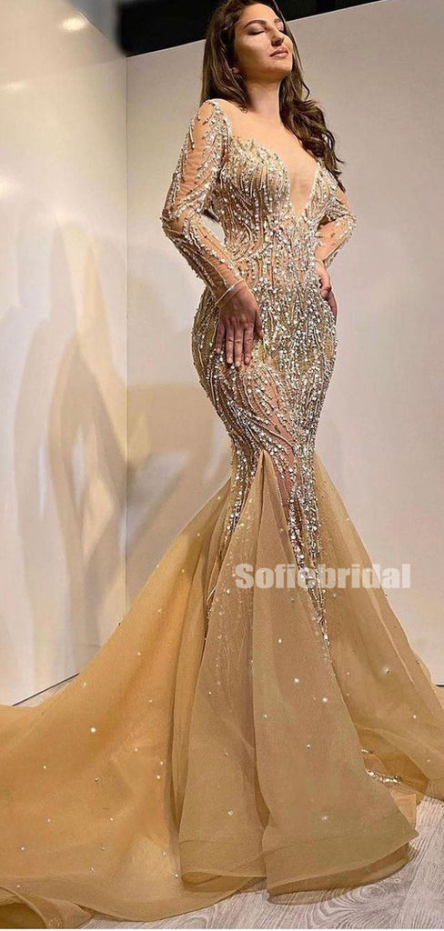 Sexy V-neck Mermaid Long Sleeve Tulle Long Prom Dresses,SFPD0123