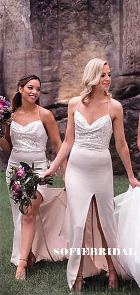 Mermaid Spaghetti Straps Sequins Long Bridesmaid Dresses With Split, BD1087