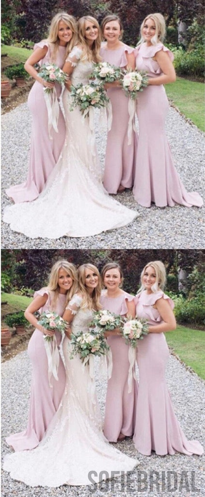 Mermaid Round Neck Ruffle Sleeves Simple Bridesmaid Dress, BD1007