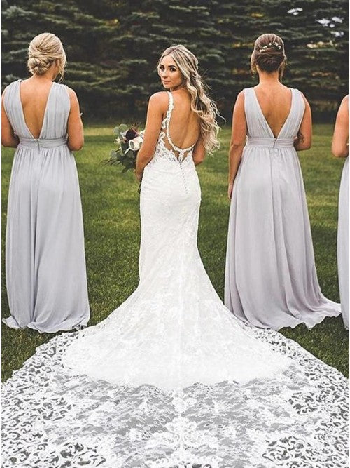 A-Link V-back Sleeveless Chiffon Bridesmaid Dress With Split, BD1010