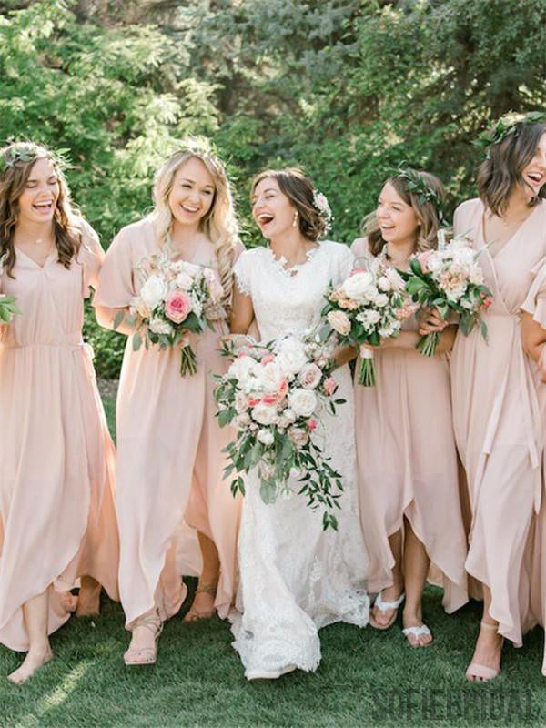 Popular V-neck Half Sleeves Light Pink Bridesmaid Dress, BD1005