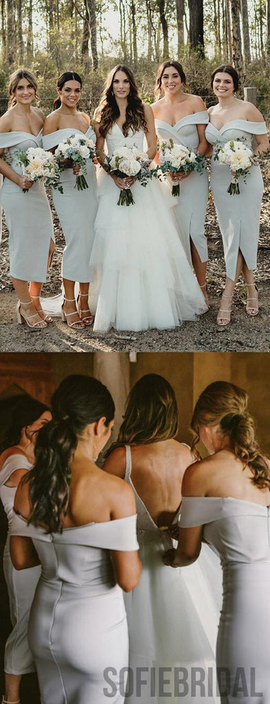 Off-shoulder V-neck Simple Short Bridesmaid Dress With Split, BD1002