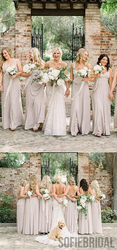 Simple V-Neck Chiffon Backless Long Light Grey Bridesmaid Dress, PD0974