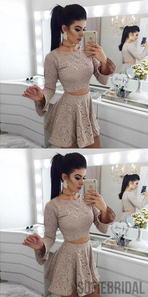 Round Neck Two-pieces Lace Long Sleeves Short Homecoming Dress, HD0148
