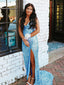 Popular V-neck Mermaid Sequin Side Slit Simple Prom Dresses,SFPD0179