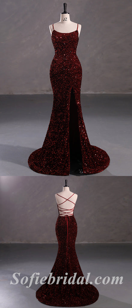 Elegant Sequin Spaghetti Straps Lace Up Back Side Slit Mermaid Long Prom Dresses,SFPD0347