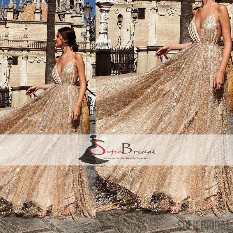 Spaghetti Deep V-neck A-line Sequin Tulle Prom Dresses, Gorgeous Sparkle Prom Dresses, PD0455