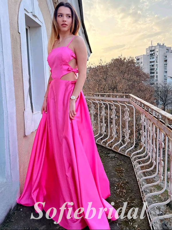 Sexy Satin Spaghetti Straps Sleeveless A-Line Long Prom Dresses, PD0837