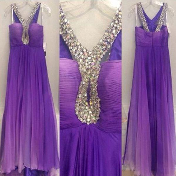 Gorgeous Purple Rhinestone Long A-line Shiny High Waist Prom Dresses, PD0290