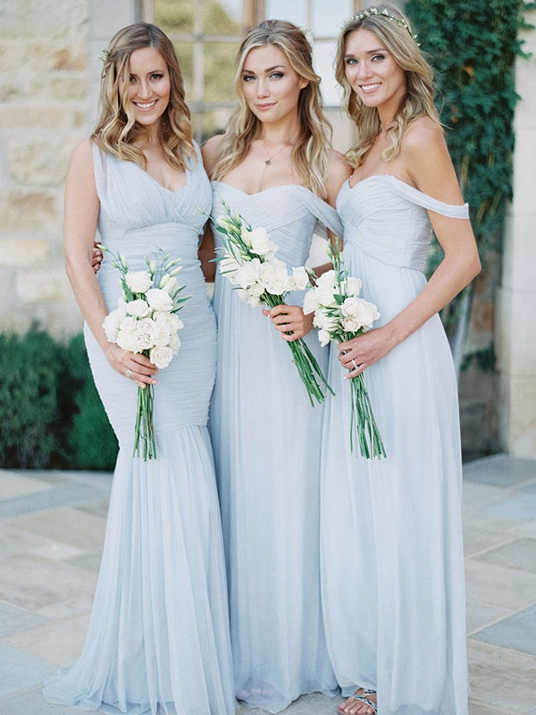 Mismatched Different Styles Chiffon Pale Blue Sexy A Line Floor-Length Cheap Bridesmaid Dresses, WG104