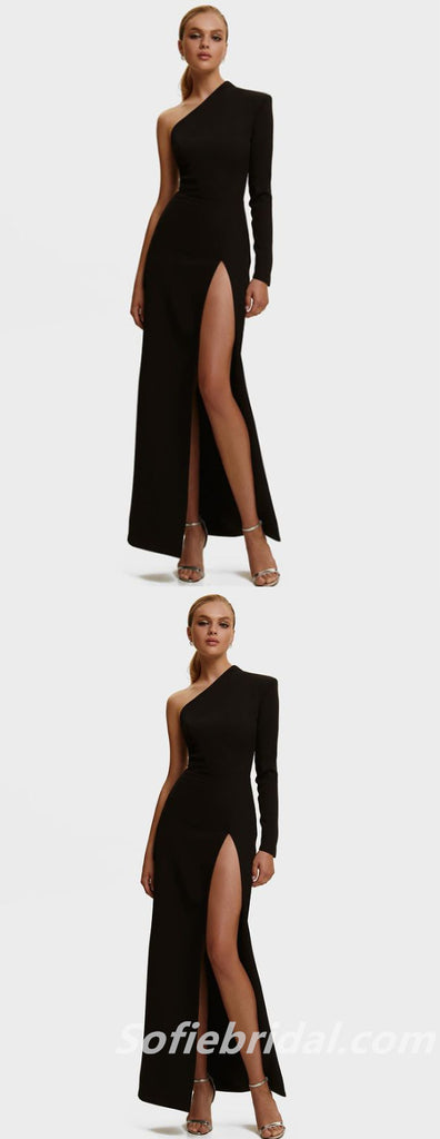 Elegant Black Satin One Sleeve Side Slit Sheath Floor Length Prom Dresses,SFPD0301