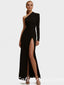 Elegant Black Satin One Sleeve Side Slit Sheath Floor Length Prom Dresses,SFPD0301