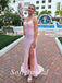 Sexy Sequin Spaghetti Straps V-Neck Lace Up Back Sleeveless Side Slit Mermaid Long Prom Dresses, PD0868