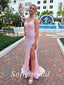 Sexy Sequin Spaghetti Straps V-Neck Lace Up Back Sleeveless Side Slit Mermaid Long Prom Dresses, PD0868