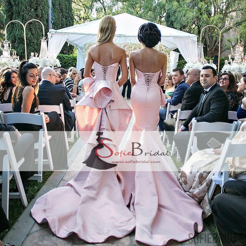 Mismatched Pink Mermaid Ruffles Bridesmaid Dresses, Lace Up Long Train Bridesmaid Dresses, PD0480