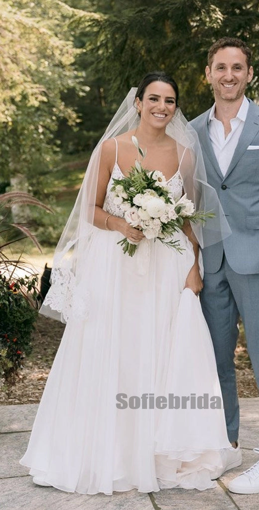 Spaghetti Straps V-neck A-line Sleeveless Long Wedding Dresses,SFWD0050