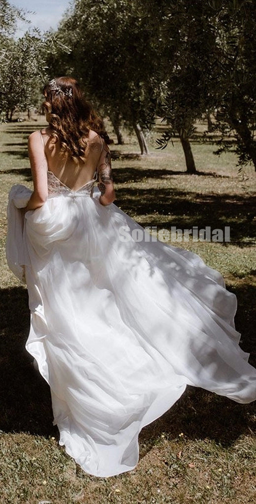 Spaghetti Straps V-neck A-line Sleeveless Long Wedding Dresses,SFWD0050