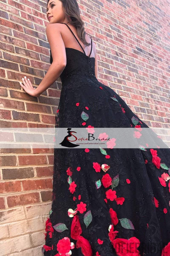 Black Lace Handmade Flowers Prom Dresses, A-line Prom Dresses, Lovely Prom Dresses, PD0464