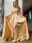 Halter Deep V-neck Lace-up Back Prom Dresses With Split, PD0132