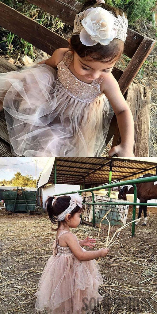 A-line Straps Ankle-length Lace Top Beading Flower Girl Dresses, FG096