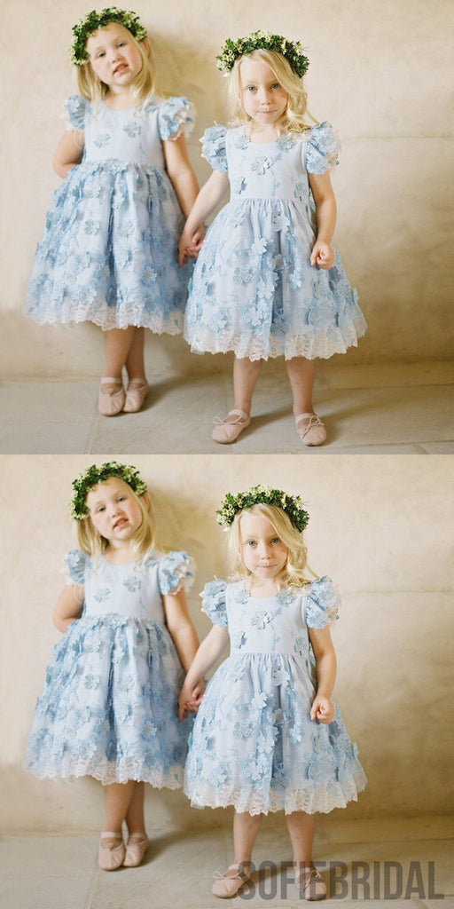 A-line Round Neck Cap Sleeves Lace Appliques Flower Girl Dresses, FG097
