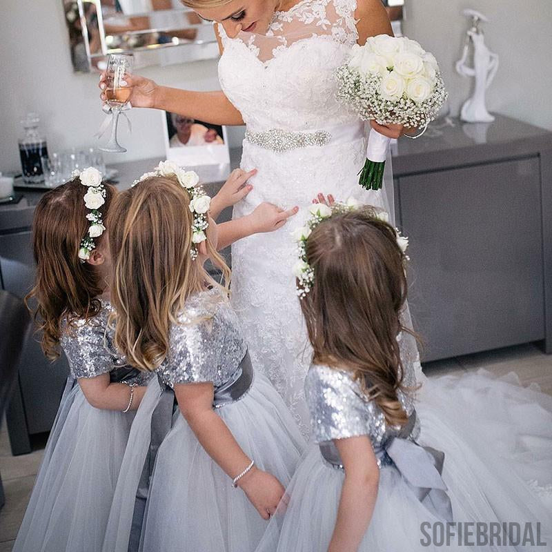 A-line Round Neck Short Sleeves Sequins Top Flower Girl Dresses, FG0101