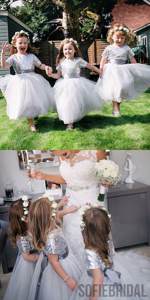 A-line Round Neck Short Sleeves Sequins Top Flower Girl Dresses, FG0101