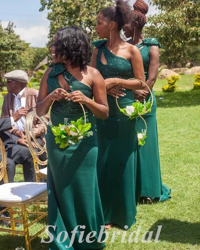 Mismatched Sequin And Soft Satin One Shoulder Mermaid Floor Length Bridesmaid Dressses,SFWG00488