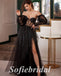 Sexy Black Tulle Sweetheart V-Neck Side Slit A-Line Long Prom Dresses, PD0844