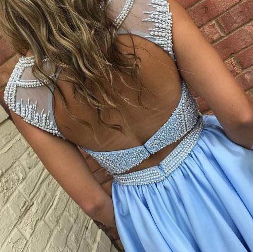Light Blue Satin Homecoming Dresses, Beaded Open Back Homecoming Dresses, Homecoming Dresses, SF0114