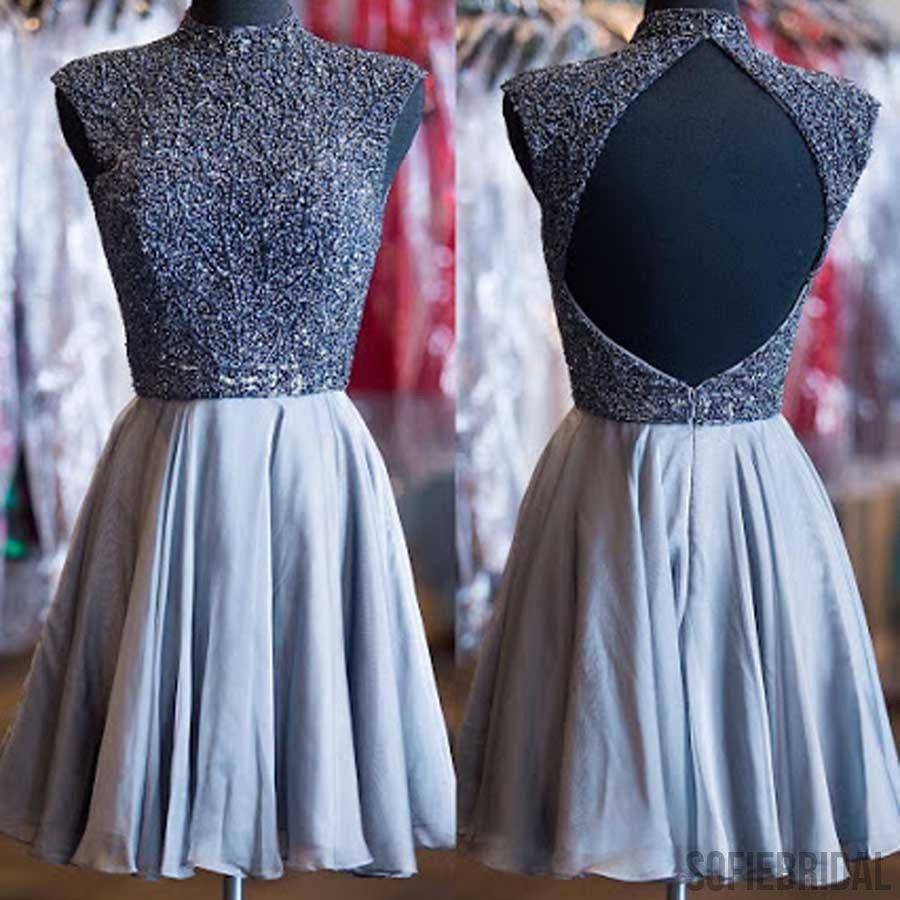 Grey beads sparkly high neck open back vintage elegant homecoming prom dress, SF0073