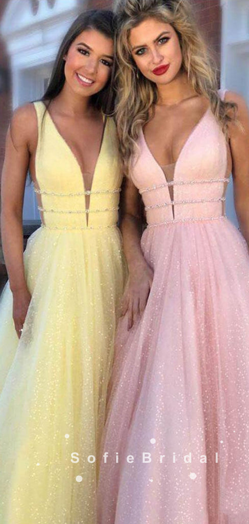 Shinny A-Line Deep V-Neck Sleeveless Tulle Long Prom Dresses With Beading,SFPD0035